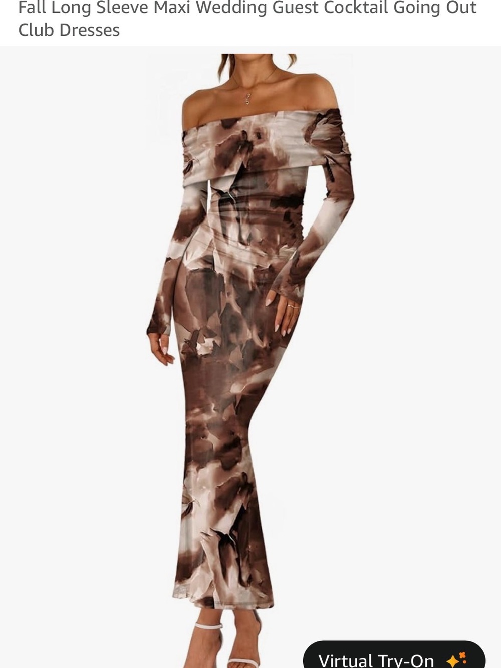 Off-Shoulder Brown Marble Print Maxi Dress